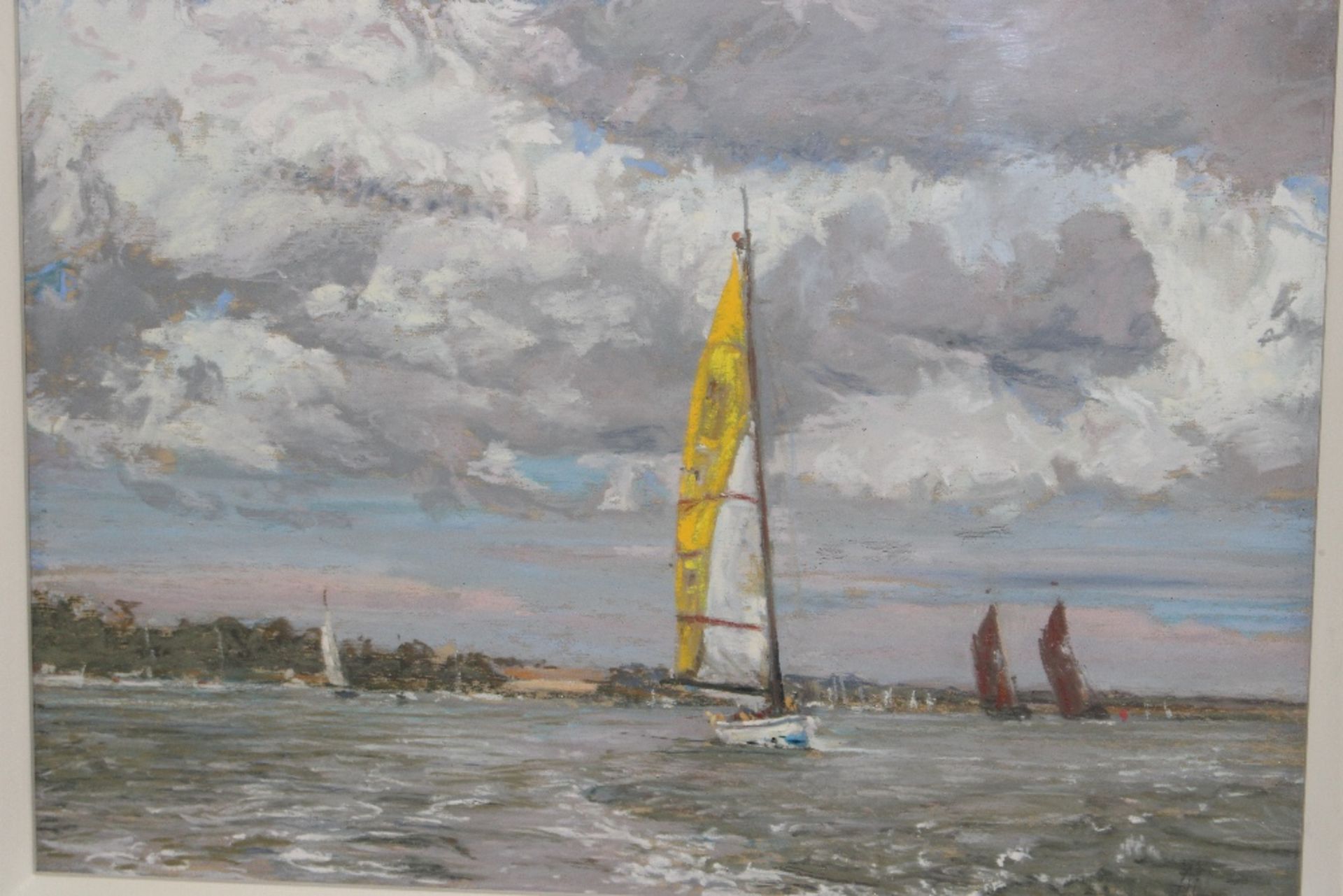 20th Century school, indistinctly signed oil and pastel of a coastal scene with yachts - Image 2 of 3