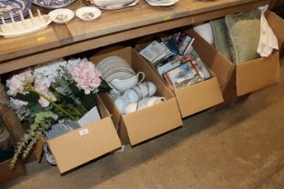 Four boxes of miscellaneous kitchen china; DVD's T