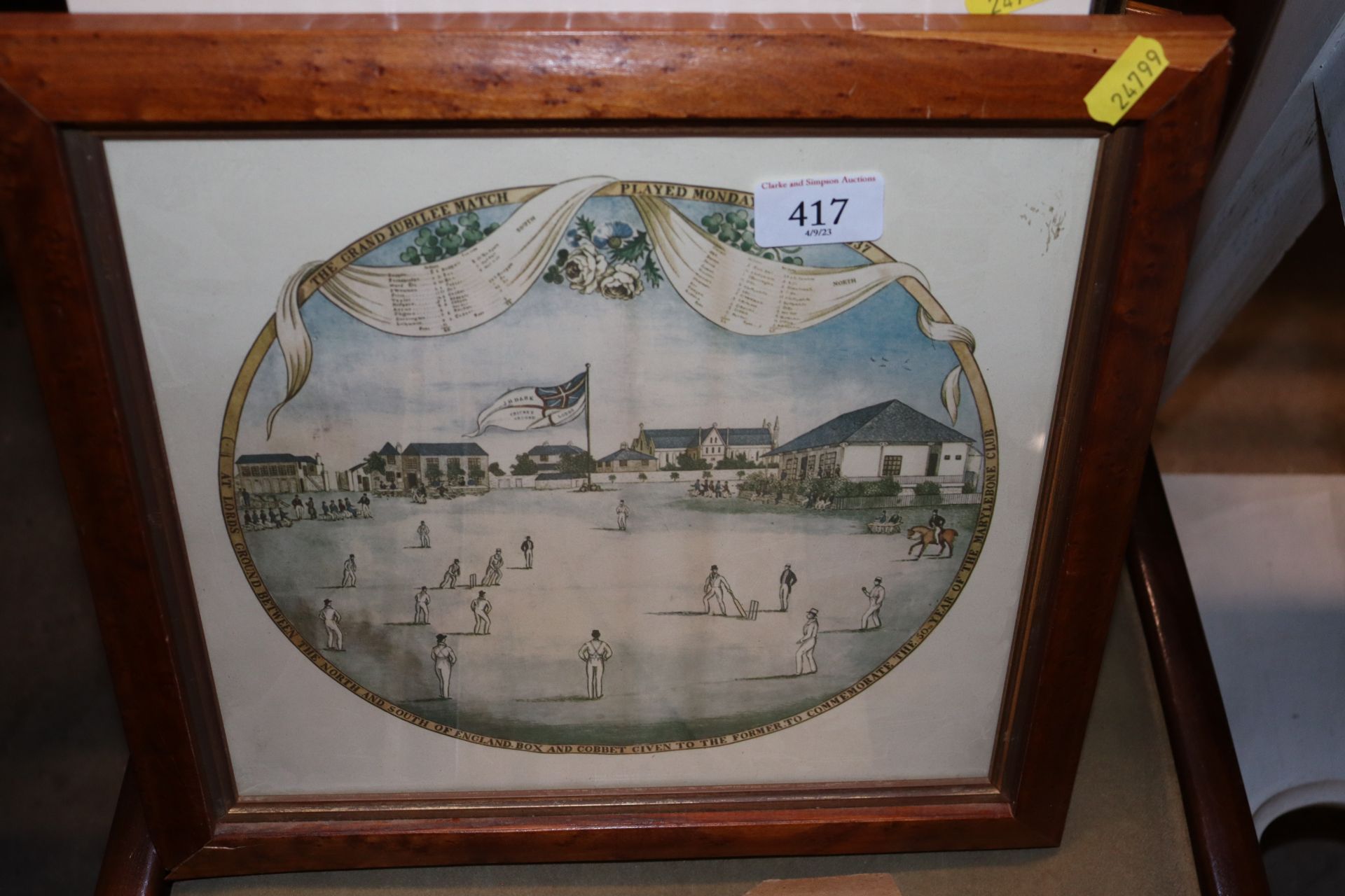 Five cricketing prints in green and gold frames; a - Image 2 of 4