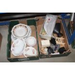 Two boxes of miscellaneous ornaments, teaware, hip