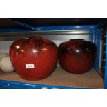 Two large red glazed pottery planters and five sto