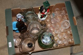 A box of glassware including coloured glass vases;
