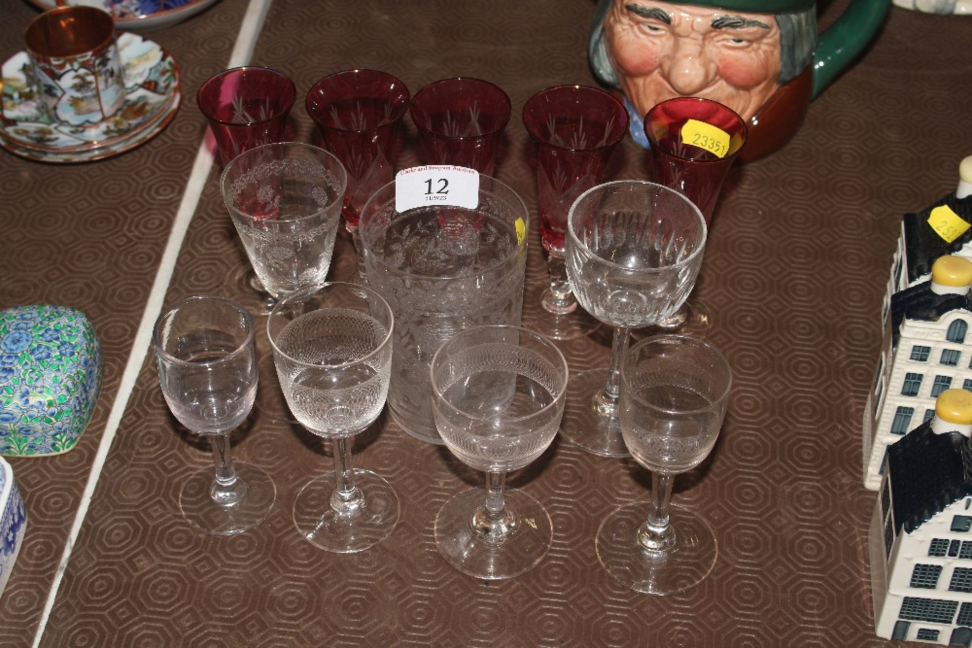 Five ruby tinted sherry glasses and various other