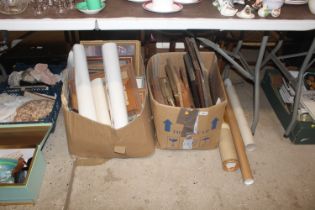 Two boxes of miscellaneous picture frames, prints