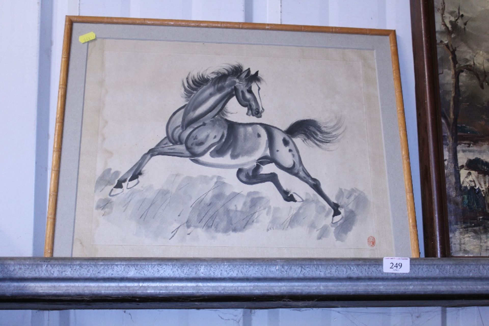 Chinese horse, pen and ink watercolour painting in frame