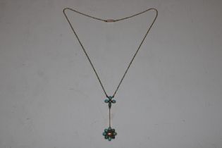A 15ct gold pearl and turquoise stone pendant, hun