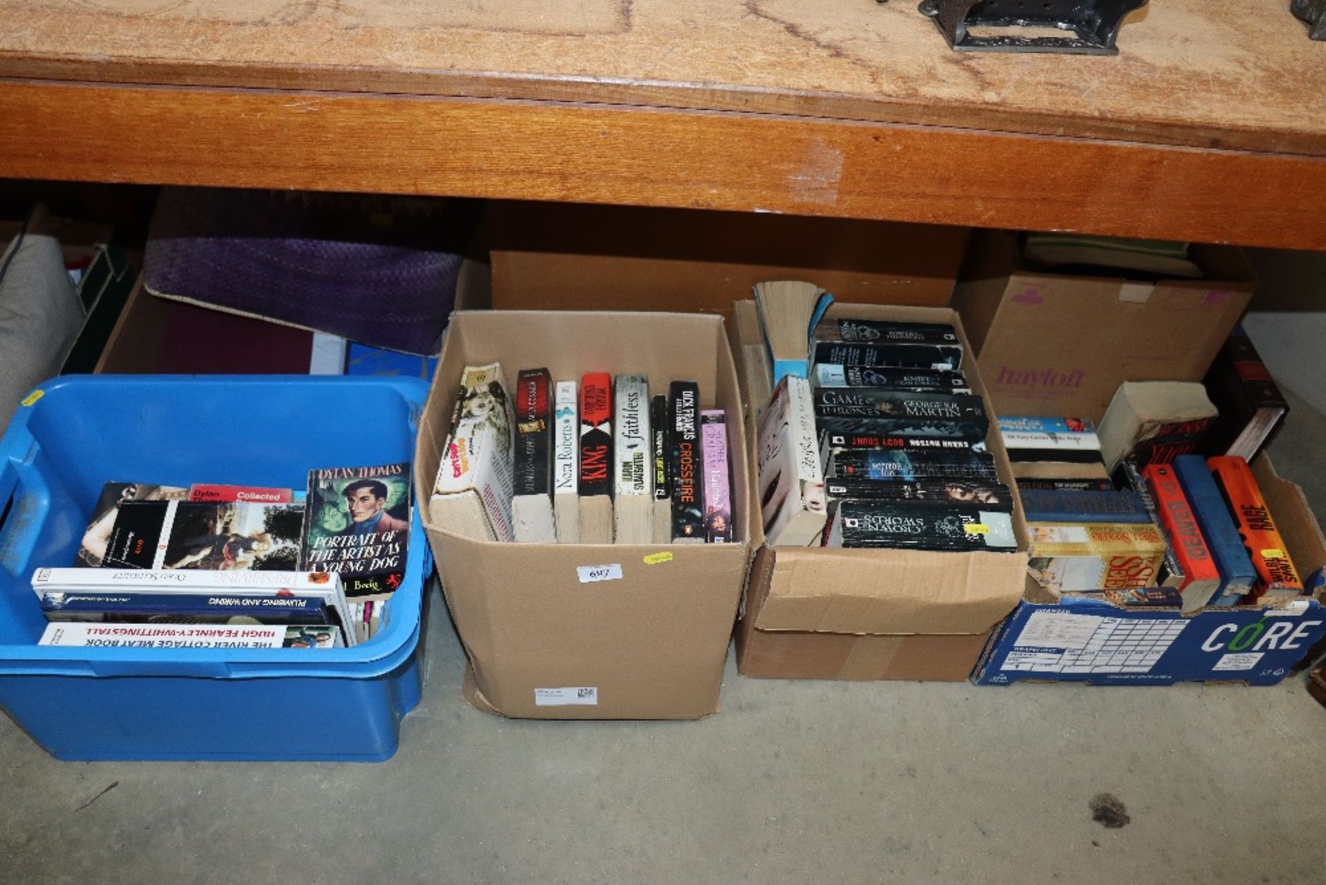 Seven boxes and a bag of various books