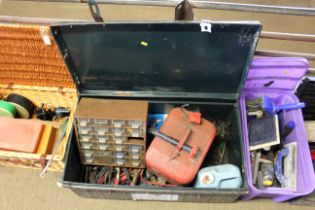 A metal tool box and contents of workshop equipmen