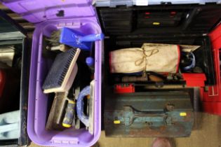 A box containing decorators equipment, brushes etc. together with a metal tool box and contents of