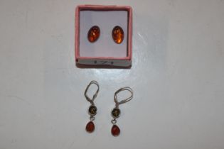 A pair of Sterling silver and amber pendant ear-ri