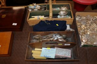 An antique cutlery tray and contents of various pl