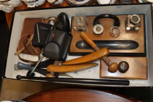 A Victorian wooden desk stand; various items of tr