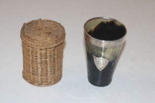 A horn and silver mounted beaker AF and a glass co