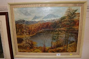 H.J. Nightingale, oil on canvas of a lake scene wi