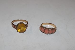 A yellow metal and coral set ring, ring size N, ap