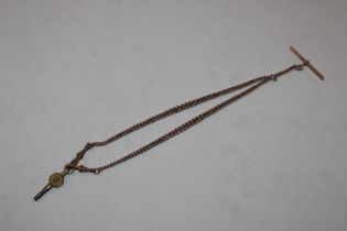A 12ct gold plated watch chain, T bar and winding