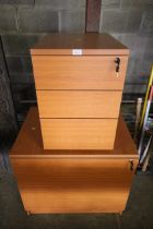 A two drawer filing cabinet with key, and a matching three drawer office pedestal with key