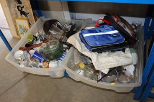 Two boxes containing various kitchenalia; various