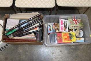 Two boxes containing various DVD's, records, music