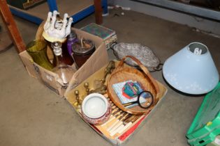 A box containing various brassware, flat ware, gla