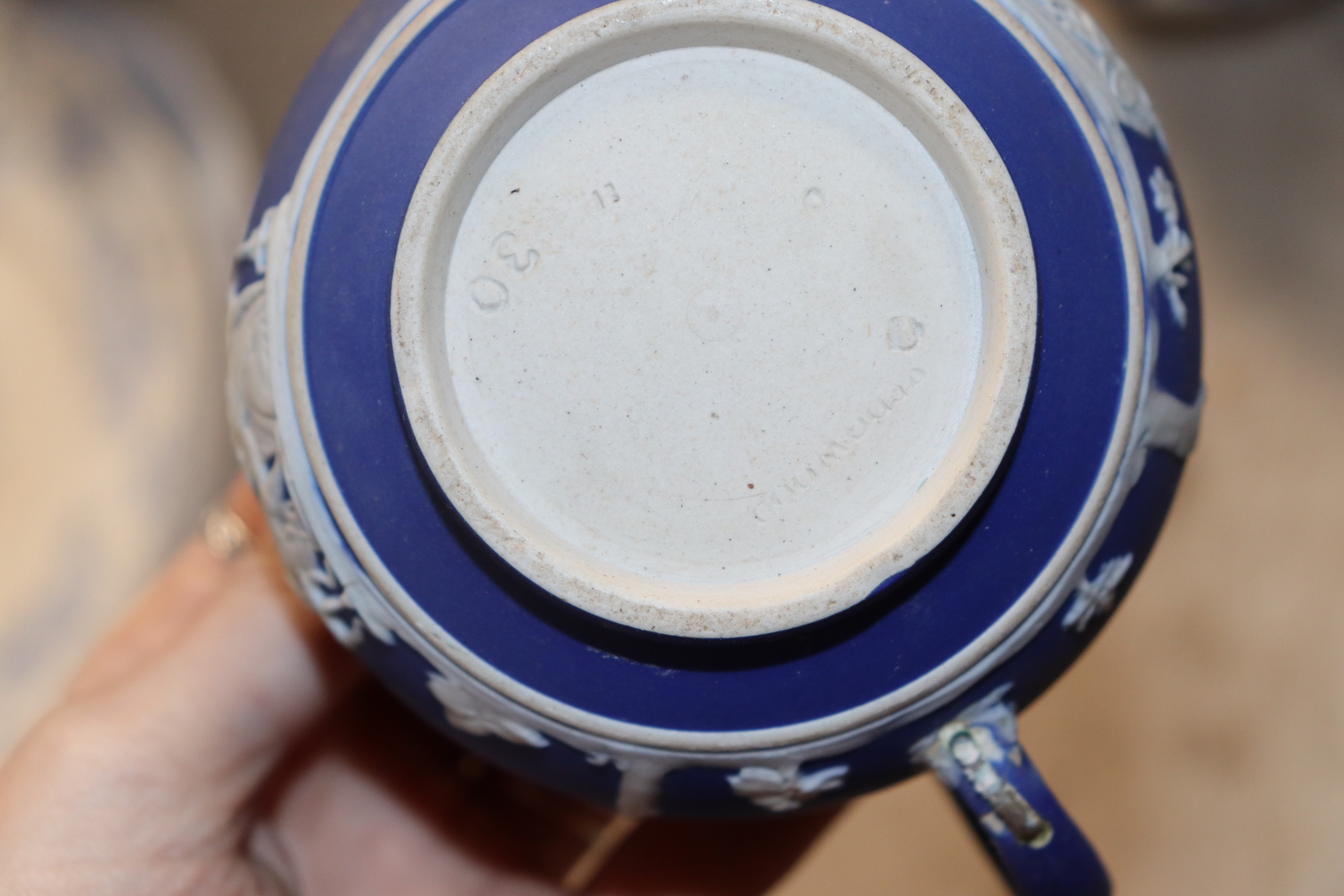 A Wedgwood Jasperware teapot, sugar bowl, cream jug with silver rim and various other Jasperware - Image 2 of 2
