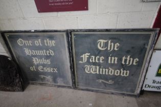 A pair of wooden pub signs "The Face In The Window, One of the Haunted Pubs of Essex" approx. 40"