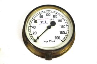 A brass cased pressure gauge, 0-200 pounds per square inch, 6" dia.