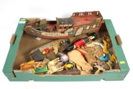 A tray box containing various mixed wooden toys an