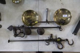 Two vintage iron steelyards, and an iron and brass