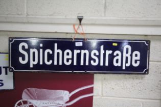 An enamel German street sign "Spichernstrasse", approx. 8" x 31"