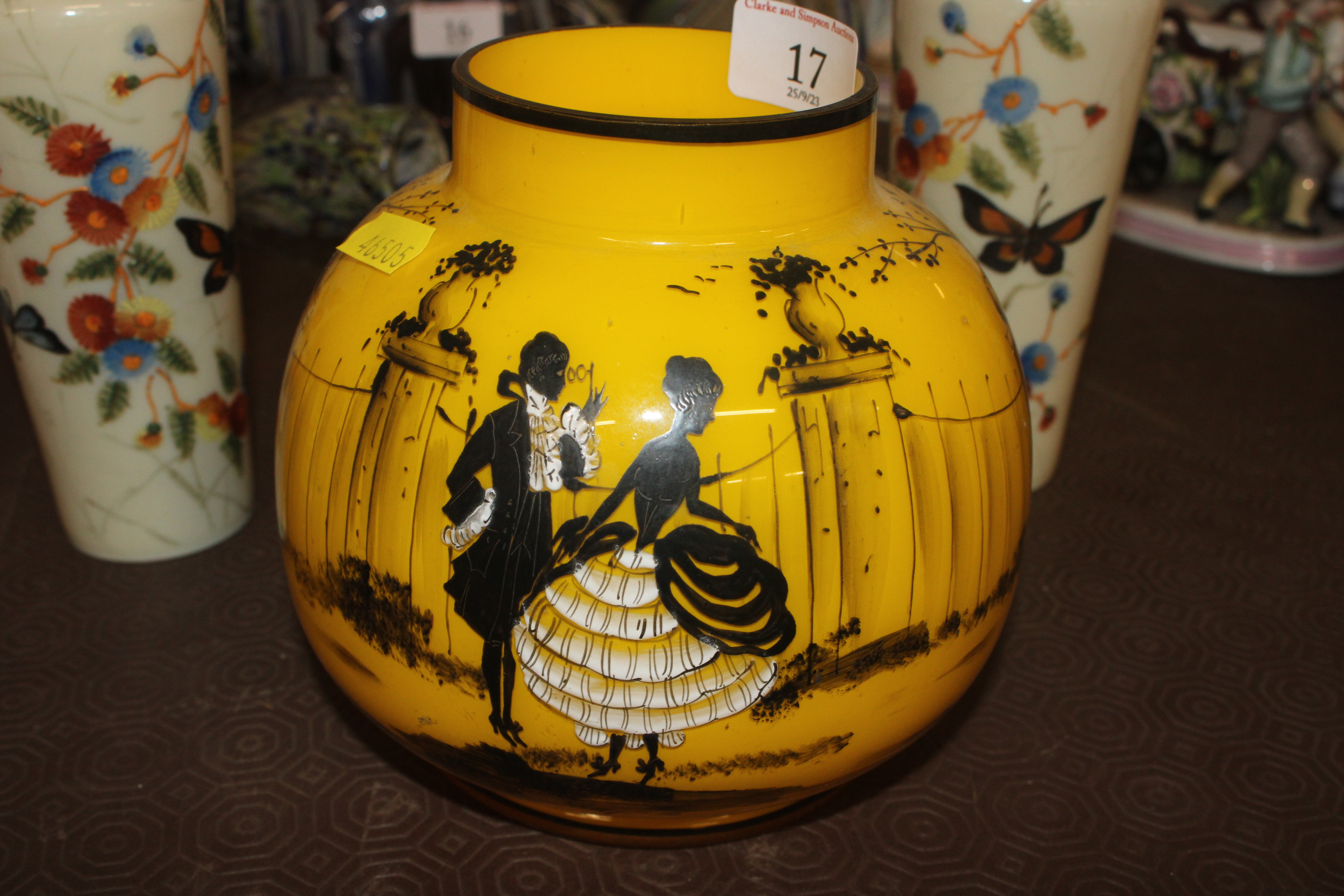 A glass vase decorated with courting couple on yel - Image 2 of 4