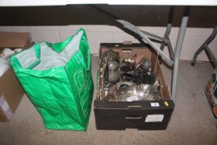 A box and bag of various silver plated ware to inc