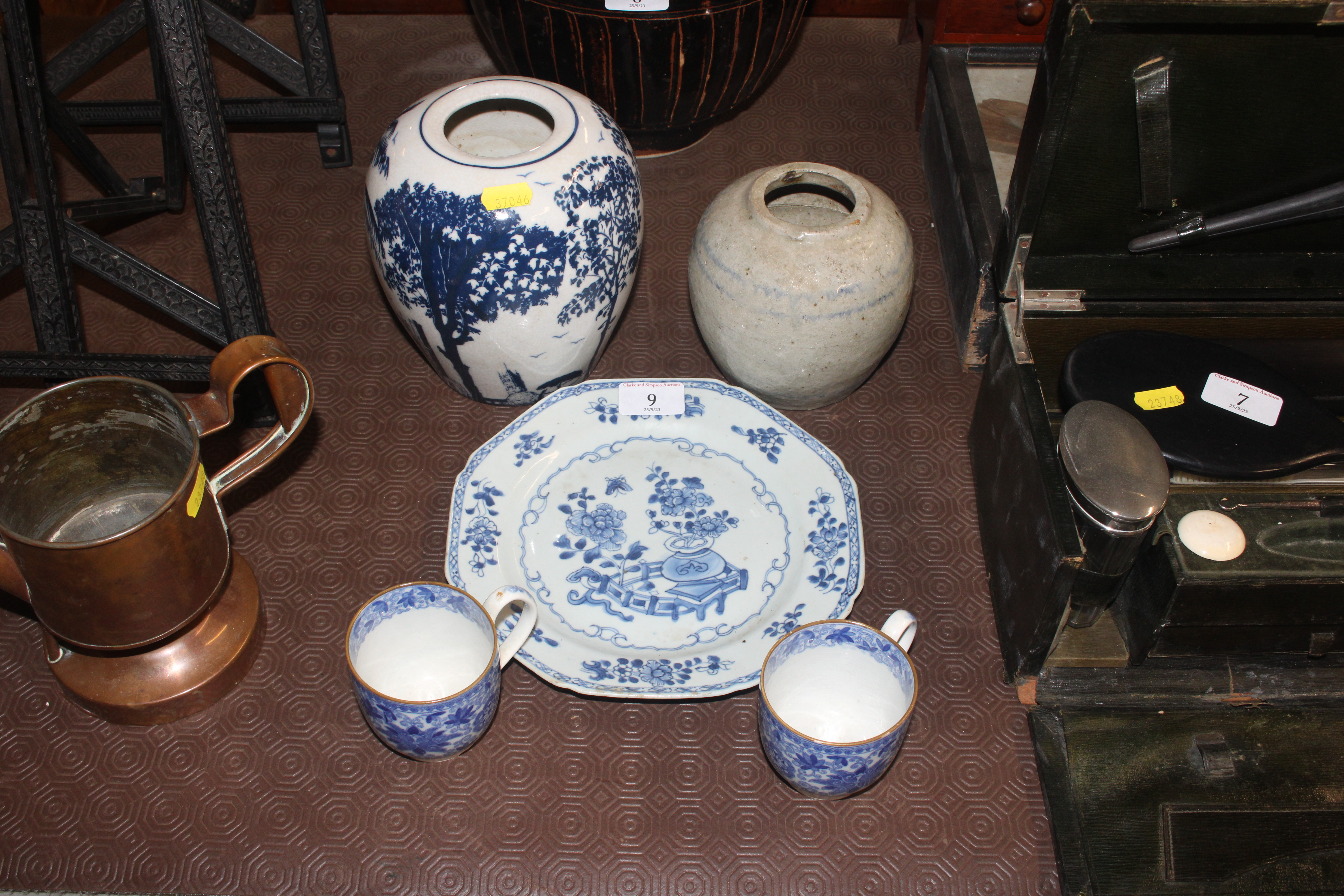 A 19th Century octagonal blue and white plate; a p