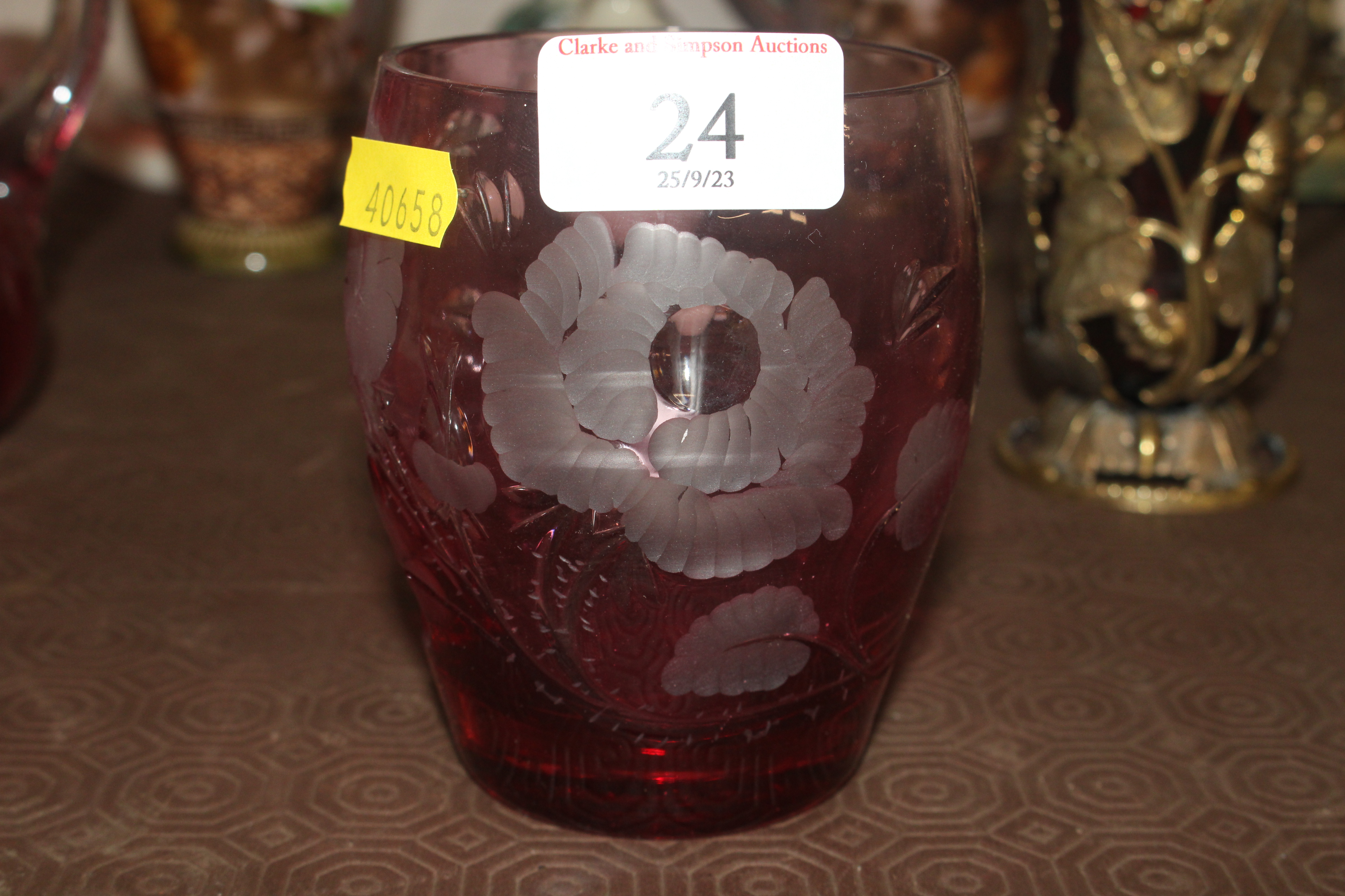 A cranberry glass jug with gilt mount; an etched c - Image 4 of 4