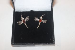 A Sterling silver and amber set pair of ear-rings