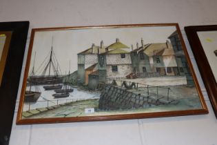A Sharp, study of Cornish fishing harbour, signed