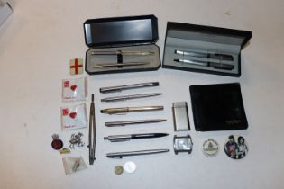 A box containing Stratton and other pens, various