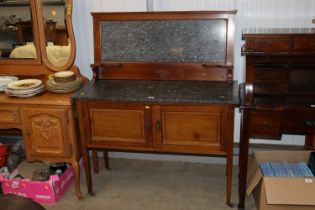 An Edwardian mahogany and inlaid marble top wash s