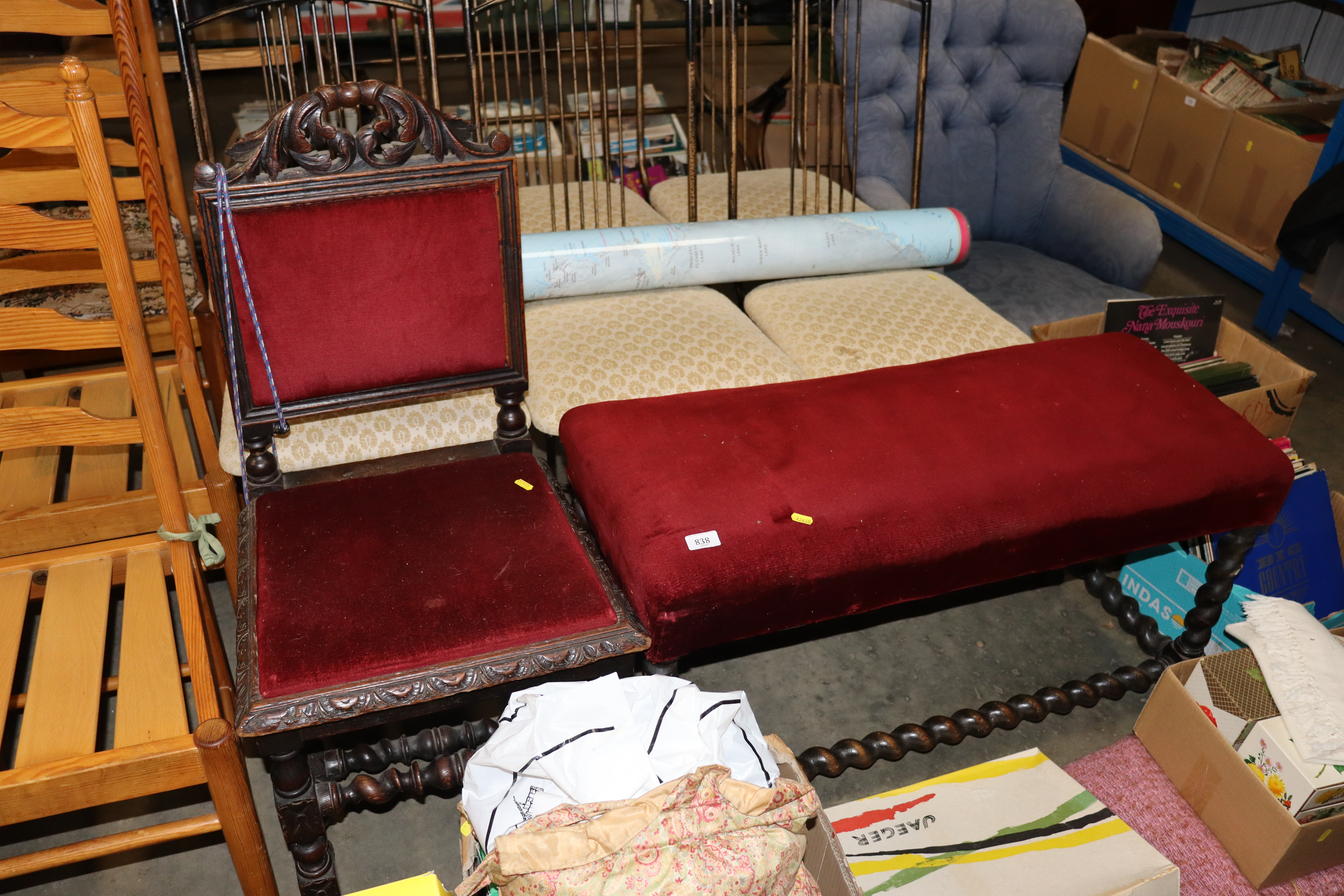 An oak and upholstered stool raised on barley twis