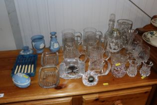 A collection of table glassware including tankards