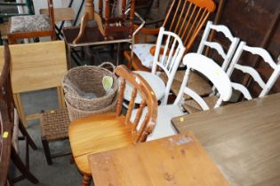 Five various chairs; a string seated stool and two wicker baskets