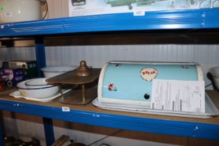 A collection of enamelware, tray, bread bin, coppe