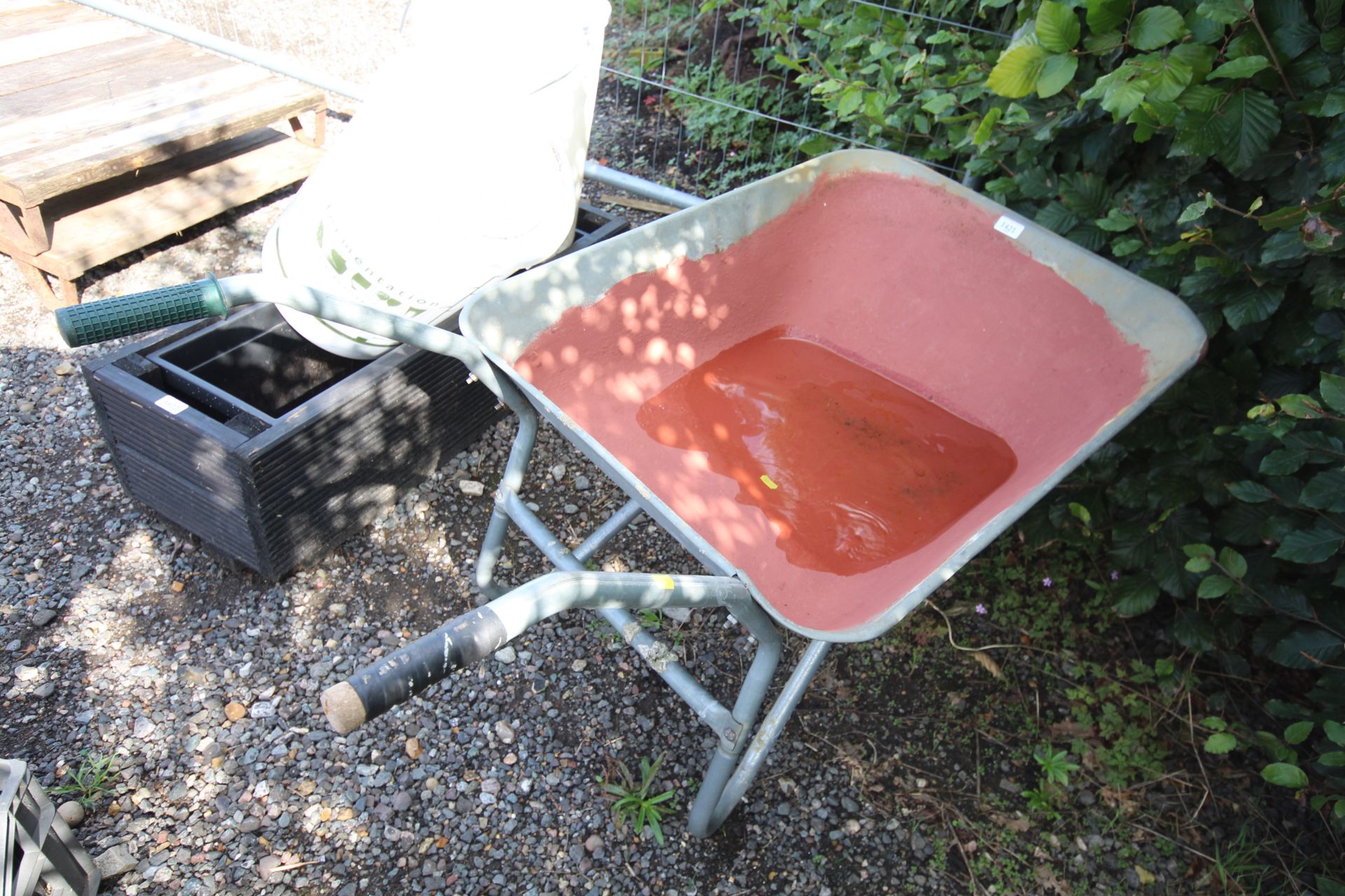 A metal wheelbarrow