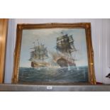 A gilt framed oil on canvas, study of sailing ships at war