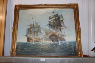 A gilt framed oil on canvas, study of sailing ships at war