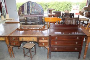 A dressing table AF a string seated stool and a chequer band inlaid chest fitted with three drawers