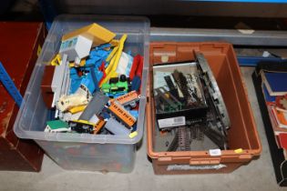 Two boxes of model railway items and toy railway i