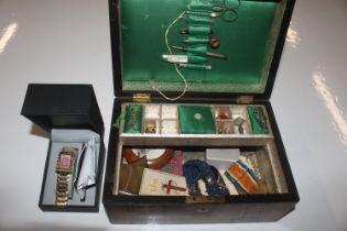 An inlaid sewing box and contents including jewell