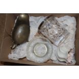 A box containing sauce boat, Belleek vase etc.