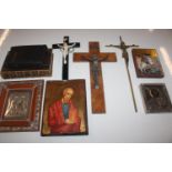 A box of vintage Ecclesiastical items including Cr
